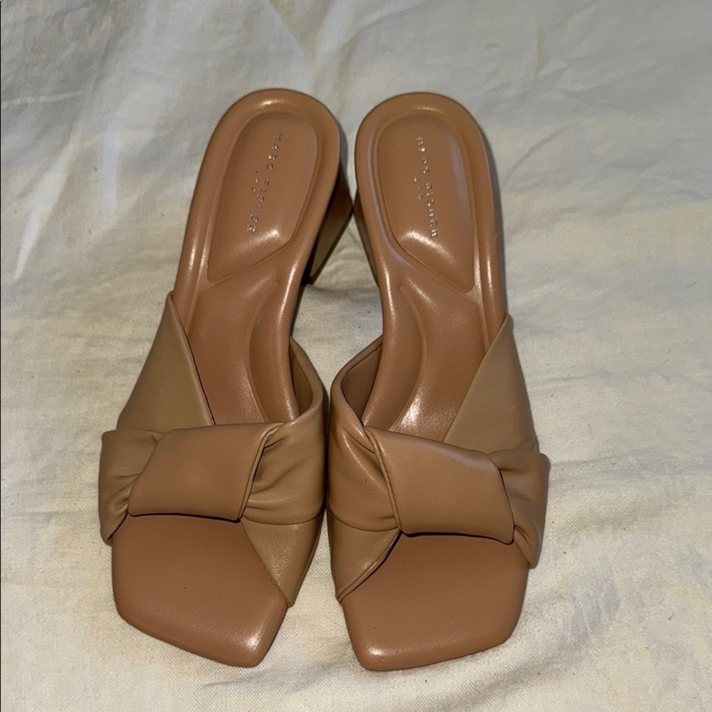 Marc Fisher Tan Mules with Square Toe and Knotted Detail
